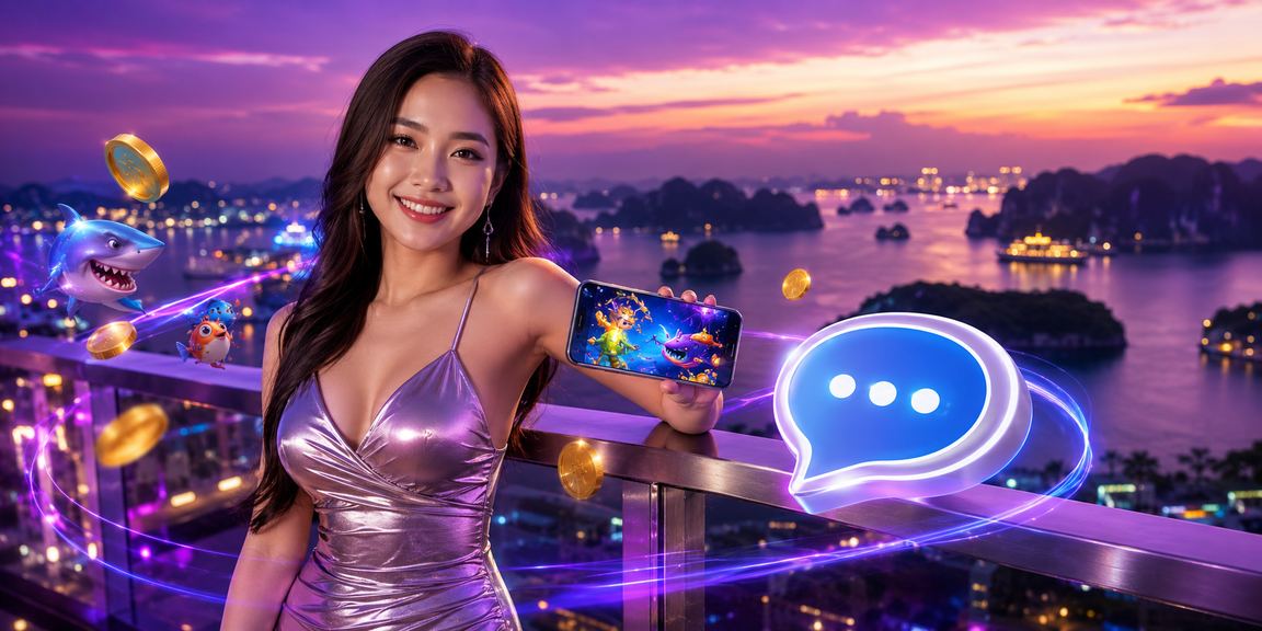Màn hình neon hiển thị trò chơi bắn cá tại khu giải trí Hạ Long Bay về đêm