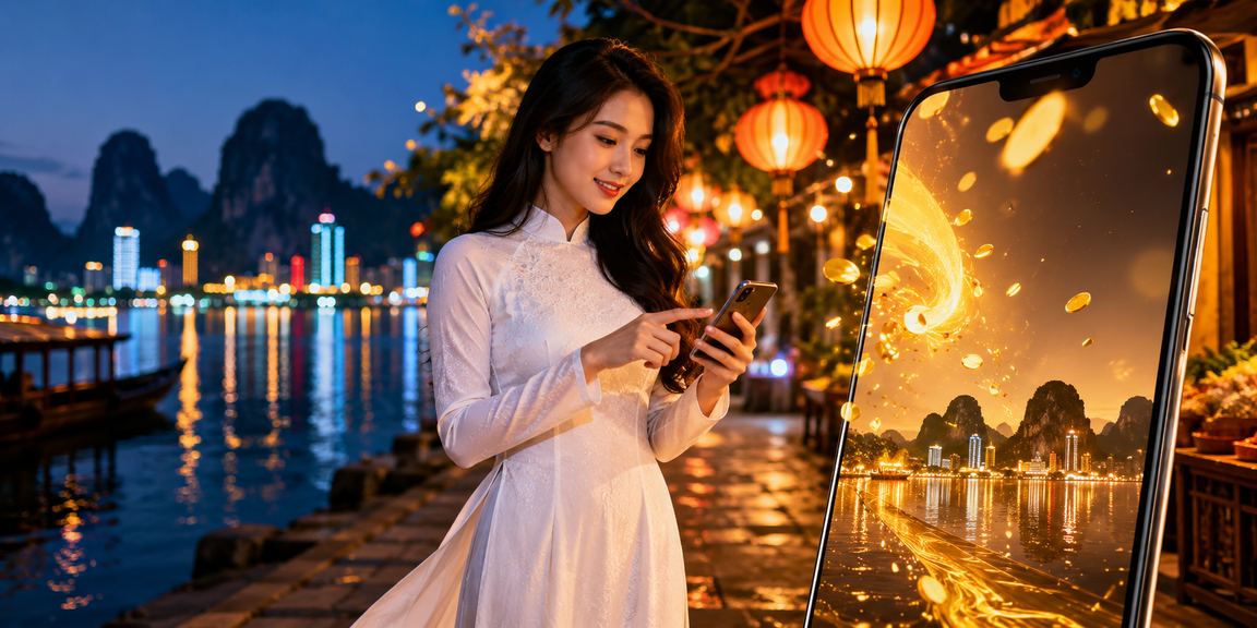 Người dùng Hạ Long tận hưởng không gian giải trí và jackpot trực tuyến với trang phục áo dài truyền thống