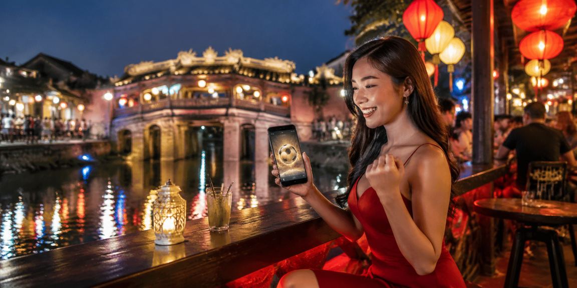 Người dùng xem kèo bóng đá ban đêm tại khu phố cổ Hội An